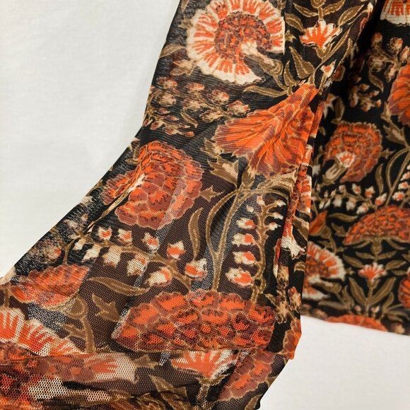 Jane and Delancey size XL Black Orange Floral Boho Mesh Stretch Mock Neck Top - Picture 5 of 11